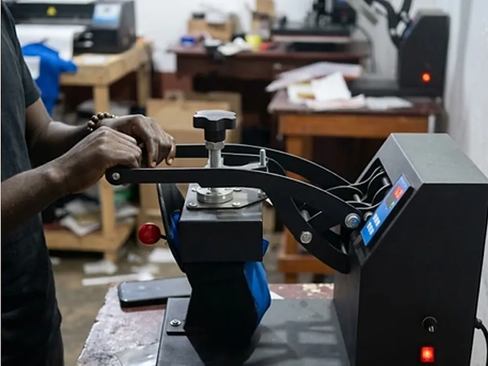 A transfer being pressed onto a cap in the heat press