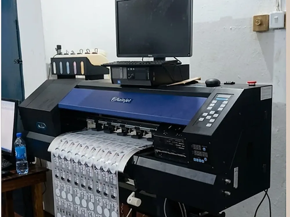 A printed sheet of DTF transfers hanging from the printer