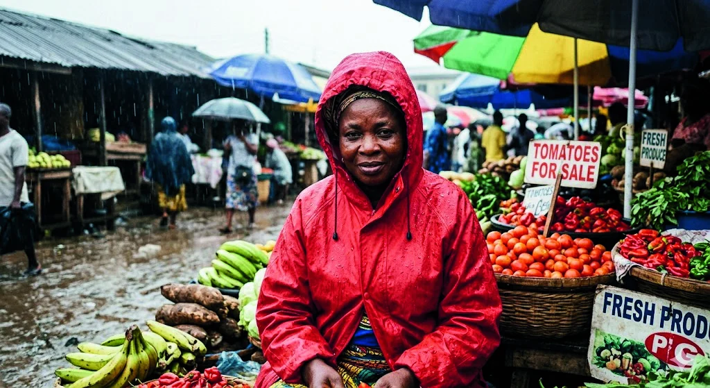 A market trader in a branded Klot Planet Plus rain poncho